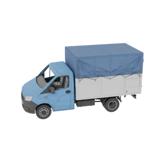 3D модель светло-синего грузовика с синим тентом, показанная на черном фоне.