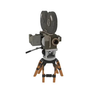 3D-модель винтажной пленочной камеры с двумя катушками, объективом, установленная на штативе с оранжевыми ножками, на черном