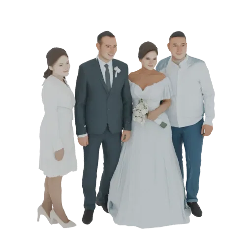 3D модель невесты и жениха с двумя шаферами, позирующих вместе для свадебной фотографии.