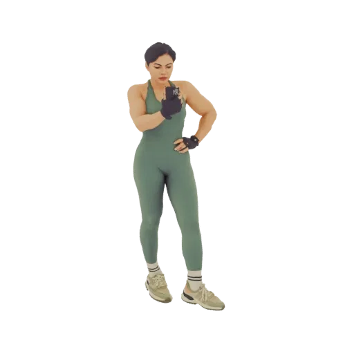 3D модель женщины в зеленом комбинезоне со смартфоном, одна рука на бедре.