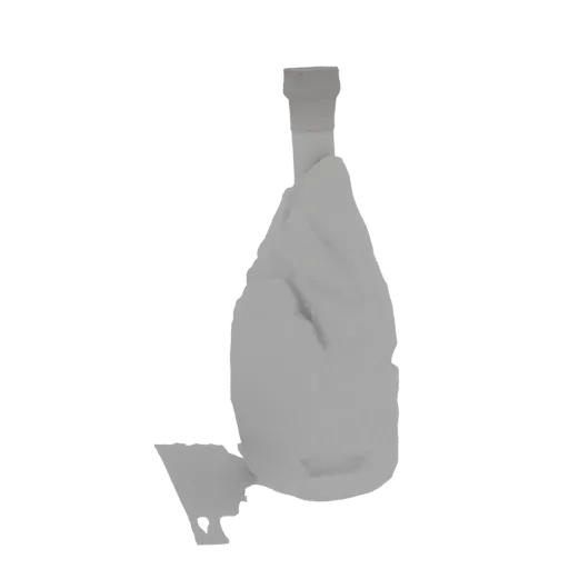 A 3D model of a glass bottle that has been crushed and deformed, with sharp edges and crumpled sections.