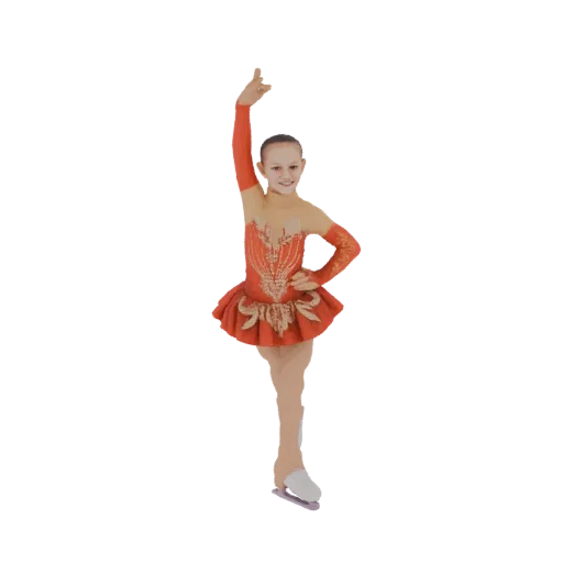 3D модель молодой фигуристки в красно-золотом костюме, исполняющей грациозную позу на коньках.