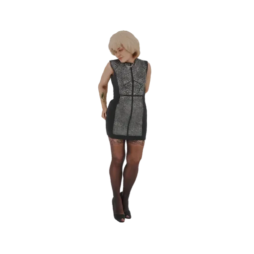 3D модель женщины с светлыми волосами, в черном платье без рукавов с текстурными серебристыми вставками, прозрачных чулках и