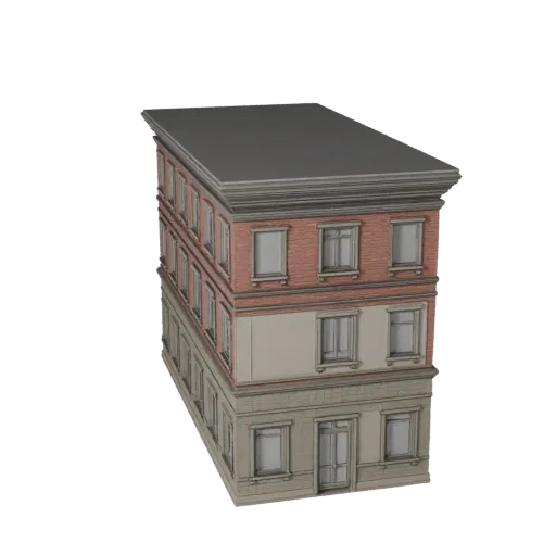 Высокополигональная 3D-модель модульного фасадного комплекта для улицы, крупный план архитектурного рендера, показывающий мат