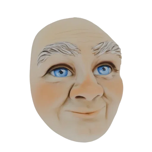 3D модель лица причудливого старика с ярко-голубыми глазами, румяными щеками и улыбающимся выражением, на белом фоне.