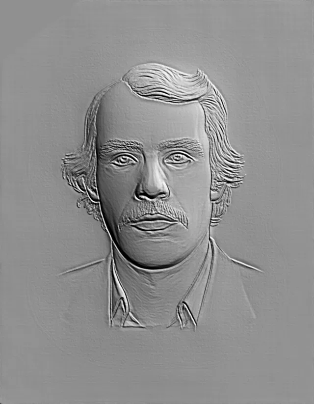 3D модель барельефа мужчины с усами в костюме, выполненная в реалистичном стиле.