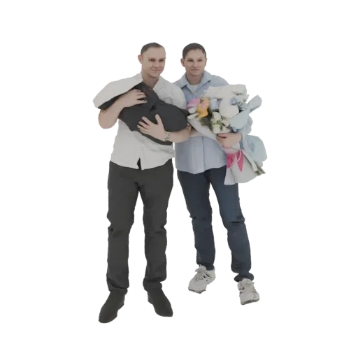 3D модель улыбающейся пары, один держит младенца, другой букет цветов.