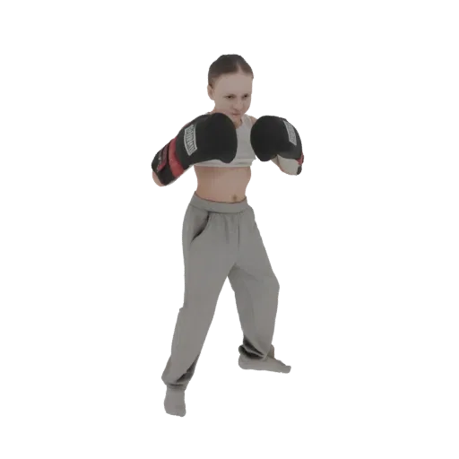 3D модель юной девушки в боксерской стойке, в черно-красных боксерских перчатках и серых спортивных штанах, с решительным выр