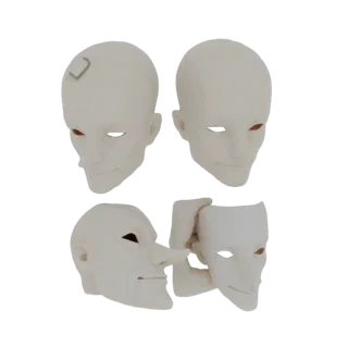 3D-рендер двух бледных, сюрреалистичных масок. Одна маска имеет длинный, съемный нос, другая частично скрыта.