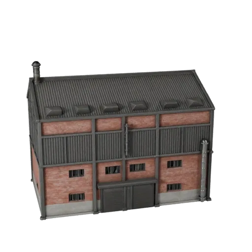 Низкополигональная 3D модель электростанции, готовая для игры, внешний вид, показывающий промышленные строительные материалы