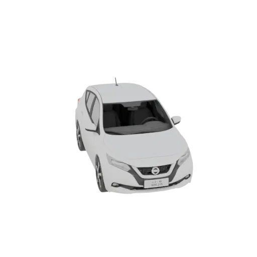 3D модель белого Nissan Leaf 2018-2025 Nismo, вид спереди и сбоку, с детализированным салоном.