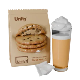 3D-модель набора снеков с печеньем, вид спереди в три четверти, в окне Unity, показывающая картонную упаковку.