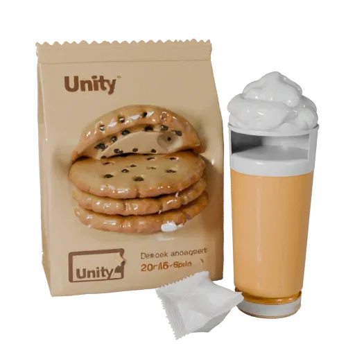 3D-модель набора снеков с печеньем, вид спереди в три четверти, в окне Unity, показывающая картонную упаковку.