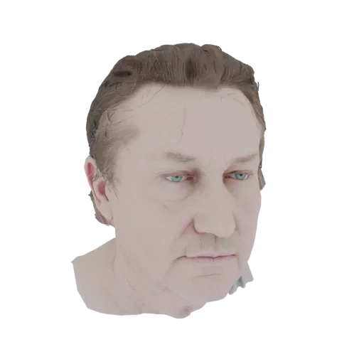 Рендер 3D модели головы и плеч мужчины среднего возраста, с каштановыми волосами и голубыми глазами, на белом фоне.
