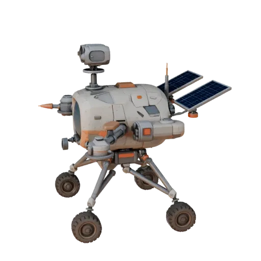 Стилизованная 3D-модель марсианского дрона-разведчика, стилизованный изометрический рендер, показывающий пыльные колеса, поло