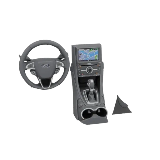 3D модель интерьера автомобиля, с рулем и центральной консолью Ford с навигационным экраном и селектором передач.