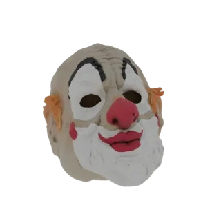 Рендер 3D модели жуткой маски клоуна с белым гримом, красным носом и губами, и темным макияжем глаз, на белом фоне.