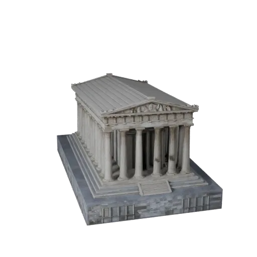 Стилизованная 3D модель Парфенона, изометрический вид стилизованной игровой среды, показывающий материалы структуры достоприм