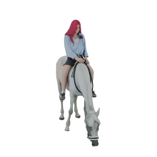 3D модель рыжеволосой девушки на белой лошади, голова опущена, в динамичной позе.