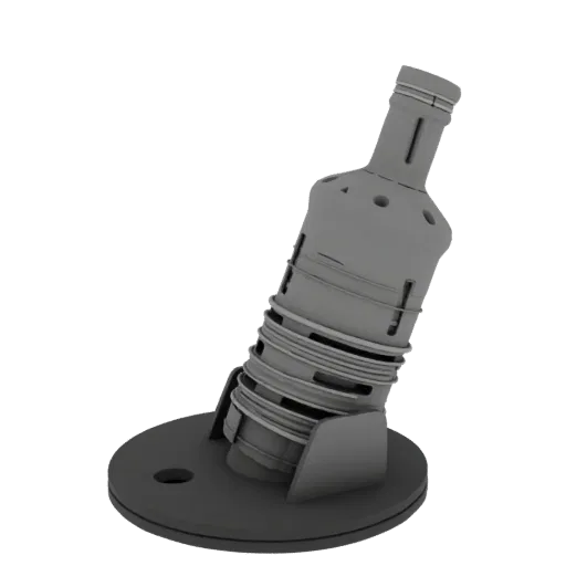 3D модель наклонной подставки для бутылки с круглым основанием и спиральными элементами, выполненная в сером цвете.