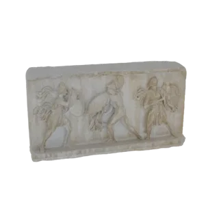 3D-модель древнегреческого мраморного барельефа, изображающего сцену битвы с тремя воинами.