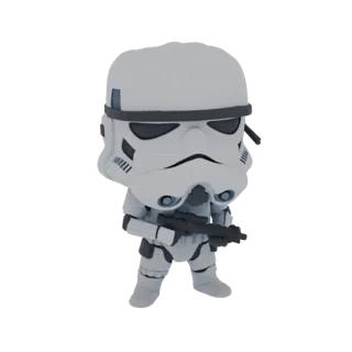 3D модель штурмовика Star Wars, стоящего с бластерной винтовкой, в белой броне и стилизованной голове.