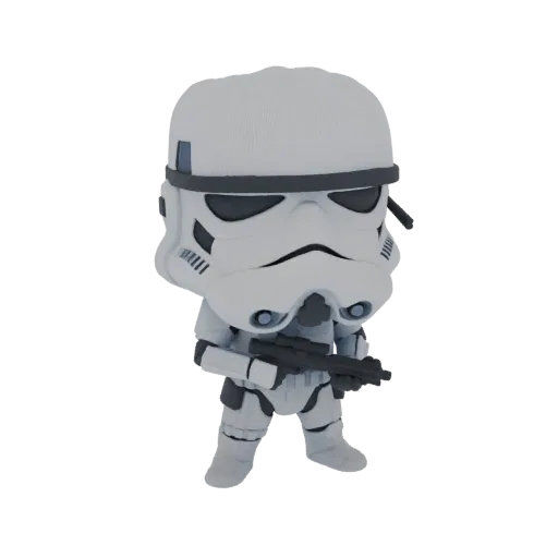 3D модель штурмовика Star Wars, стоящего с бластерной винтовкой, в белой броне и стилизованной голове.