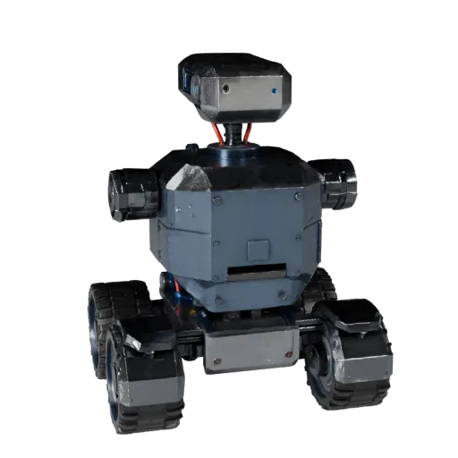 Низкополигональная 3D-модель Исследовательского сервисного робота, вид в игровом окне в три четверти, показывающий металличес