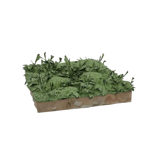 3D модель плитки местности с высокой травой, пышной зеленой растительностью и текстурированным каменистым основанием, изолиро