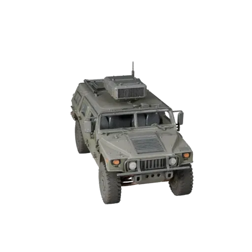 3D-модель Humvee, вид в три четверти в студии, готовый к анимации актив транспортного средства с массивной броней, прочной ко