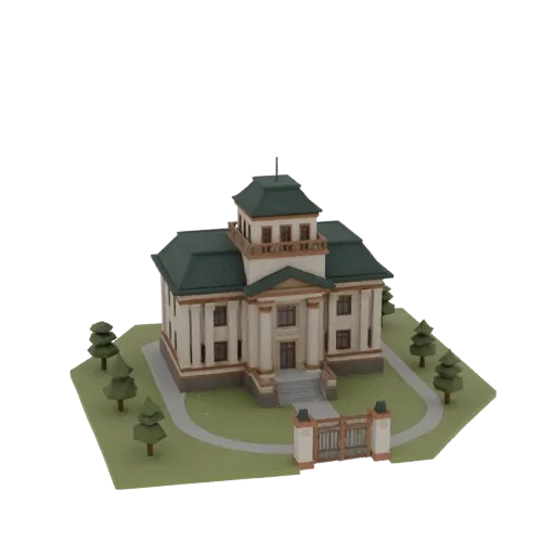 Стилизованная low-poly 3D-модель усадьбы «Горки Ленинские» с парком и воротами, вид с 3/4