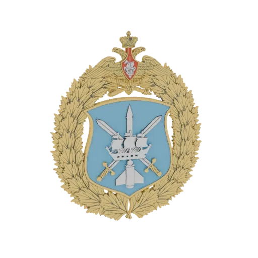 3D модель герба Минобороны РФ: золотой венок, синий щит (корабль, ракета), мечи.
