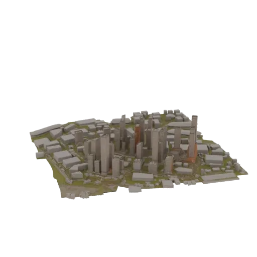 3D модель современного городского пейзажа с многочисленными небоскребами и городскими зданиями, вид с высоты.