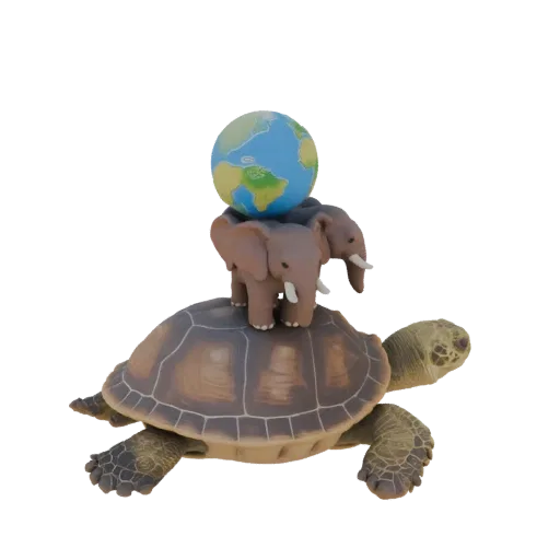 3D модель Земли, которую несут три слона, стоящие на панцире большой черепахи, на белом фоне.