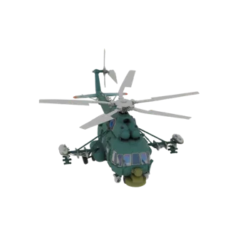 3D модель зеленого военного боевого вертолета с заметным пушечным блоком, вид с немного приподнятого переднего ракурса.