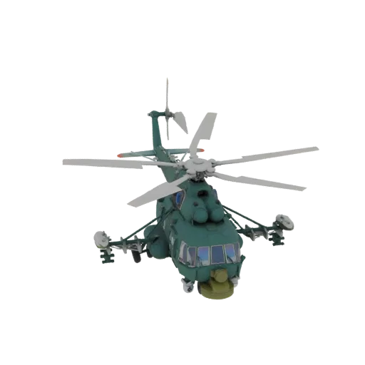 3D модель зеленого военного боевого вертолета с заметным пушечным блоком, вид с немного приподнятого переднего ракурса.