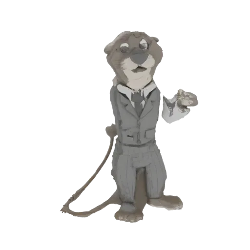3D модель выдры в костюме и галстуке, держащая лист бумаги в лапе.