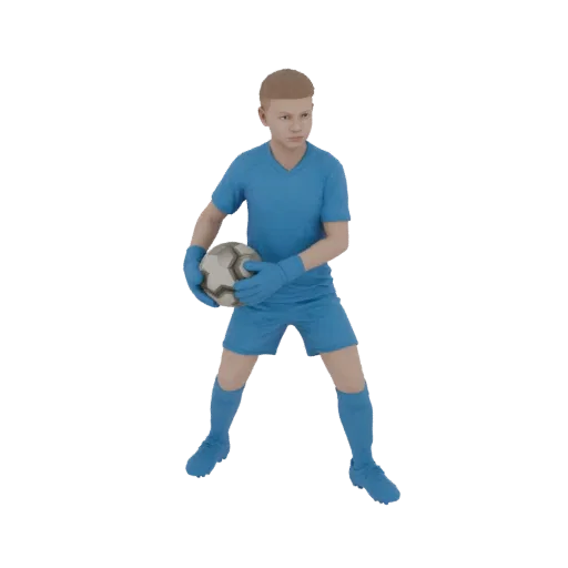 3D модель молодого футбольного вратаря в синей форме, держащего футбольный мяч в оборонительной стойке.