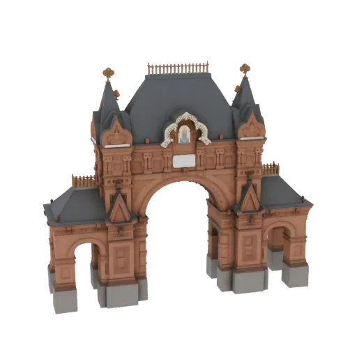 3D модель детализированной барочной арки с орнаментальной резьбой и центральной аркой, на белом фоне.