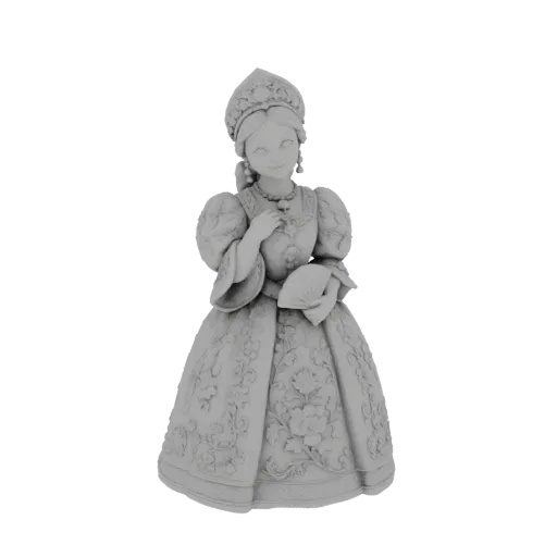 Рендер 3D модели детализированной фигурки русской княжны в роскошном платье и короне, держащей веер.