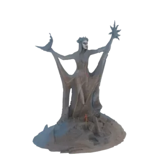 3D модель статуи богини, держащей полумесяц в одной руке и солнечный луч в другой, стоящей на скалистом основании.