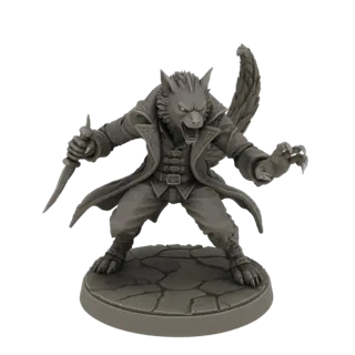 3D model of a grey werewolf warrior in a long coat, holding a dagger and snarling, standing on a cobblestone base.