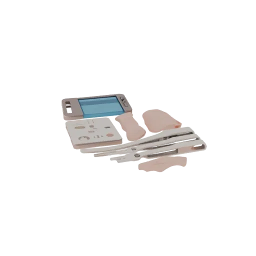 Высокополигональная 3D-модель тренажера для наложения швов, студийный рендер крупным планом, показывающий нейтральный пластик
