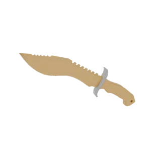 3D model of a desert camouflage kukri knife with a curved blade and sandy texture, set against a white background.