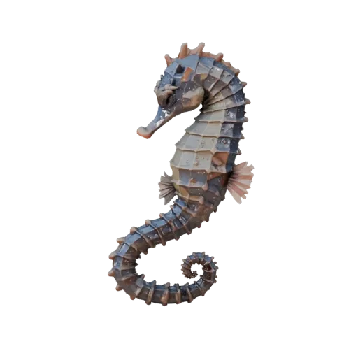 Низкополигональная 3D-модель морского конька, вид сбоку в игровом ракурсе, низкополигональный ассет животного с изгибом шеи,