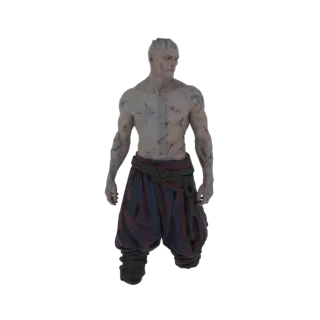 3D модель воина со шрамами, бледной кожей, в темно-красно-синих полосатых штанах и с коричневым ремнем, смотрящего в сторону.