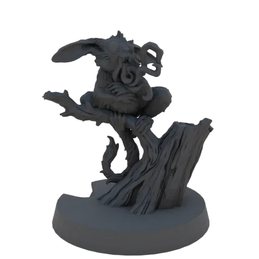 3D модель зайца в стиле Ктулху со щупальцами, сидящего на ветке дерева, на круглом основании.