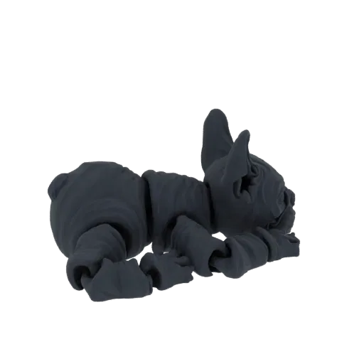 3D модель темно-серого сфинкса, свернувшегося во сне на черном фоне.