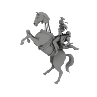 3D модель серой, нетекстурированной скульптуры лошади, вставшей на дыбы, с всадником в плаще.