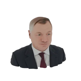 3D рендер бюста мужчины в темном костюме, белой рубашке и красном галстуке с нейтральным выражением лица.